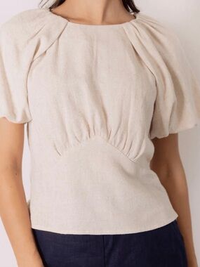 NWT - P. Cill Women's Cream Puff-Sleeve Linen Top